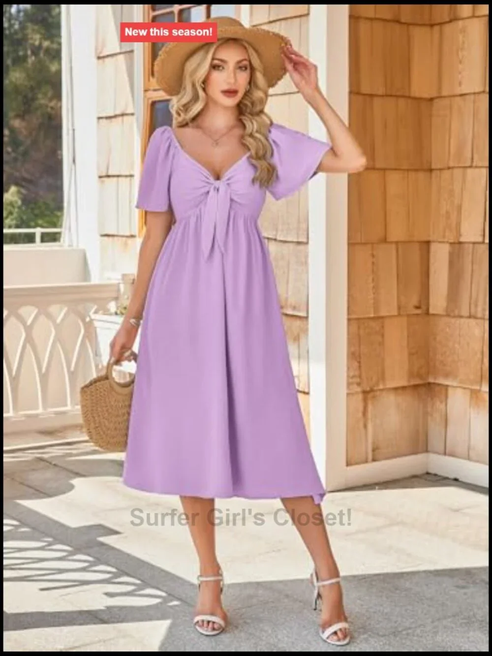 Casual V Neck Bow Tie Smocked High Waist A-Line Flowy Midi Dress with Pockets
